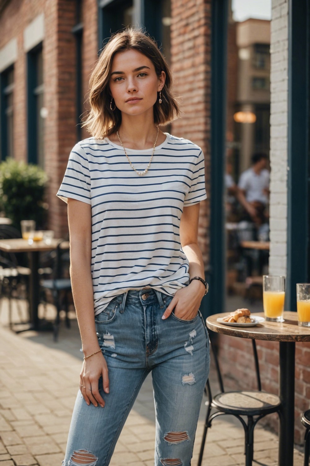 Beaded Necklace with Striped Tee and Distressed Denim