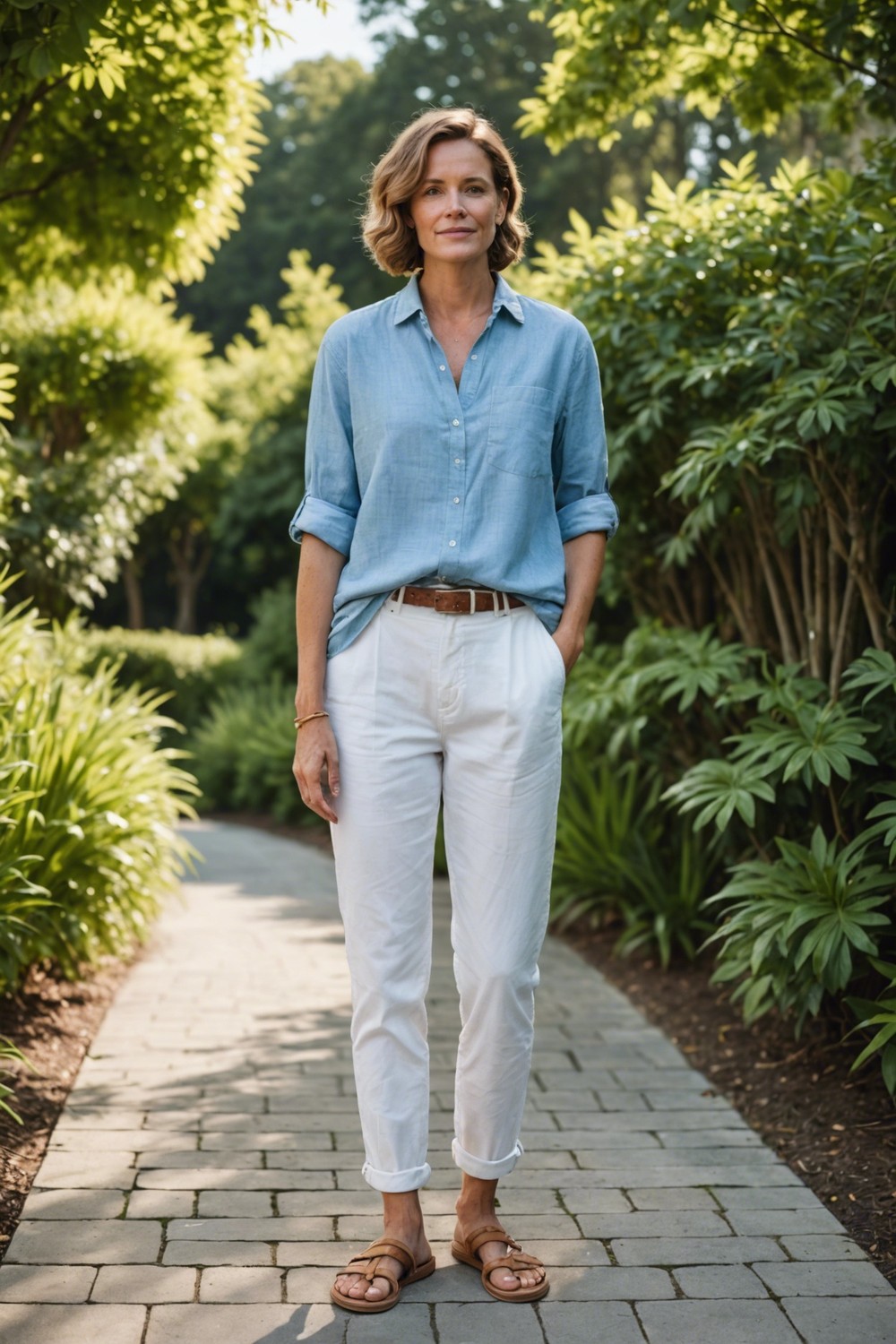 Chambray Shirt with White Linen Pants and Sandals