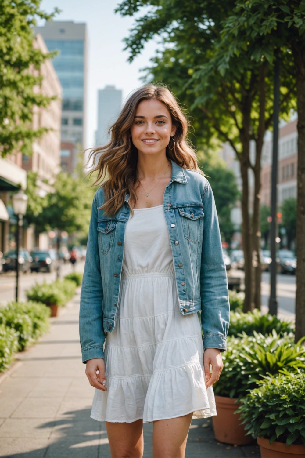 Denim Jacket with White Sundress and Sandals