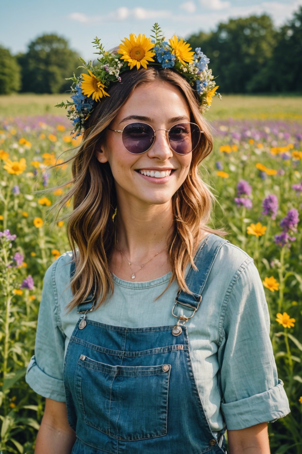 Denim Overall Dress with Floral Crown