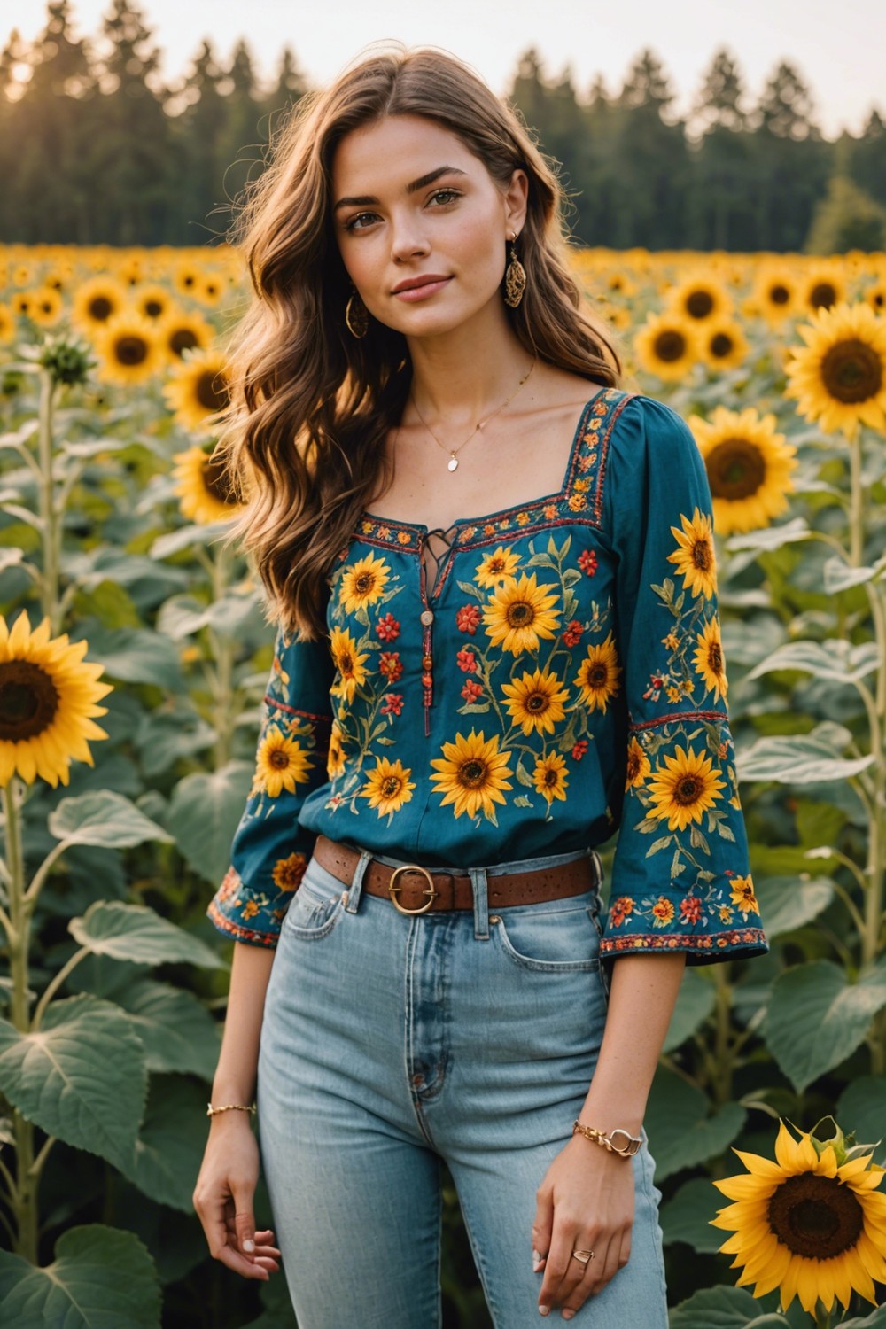 Embroidered Blouse with High-Waisted Jeans and Sandals