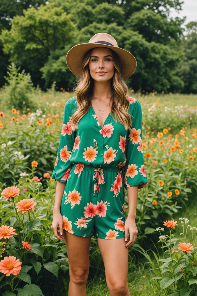 Floral Romper with Sandals and Floppy Hat