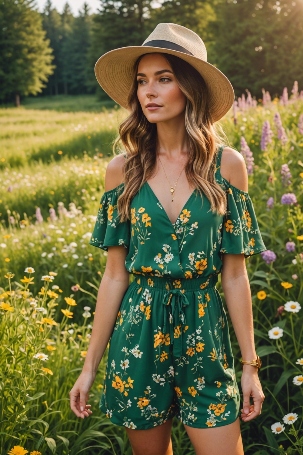 Floral Romper with Wide-Brimmed Hat and Sandals