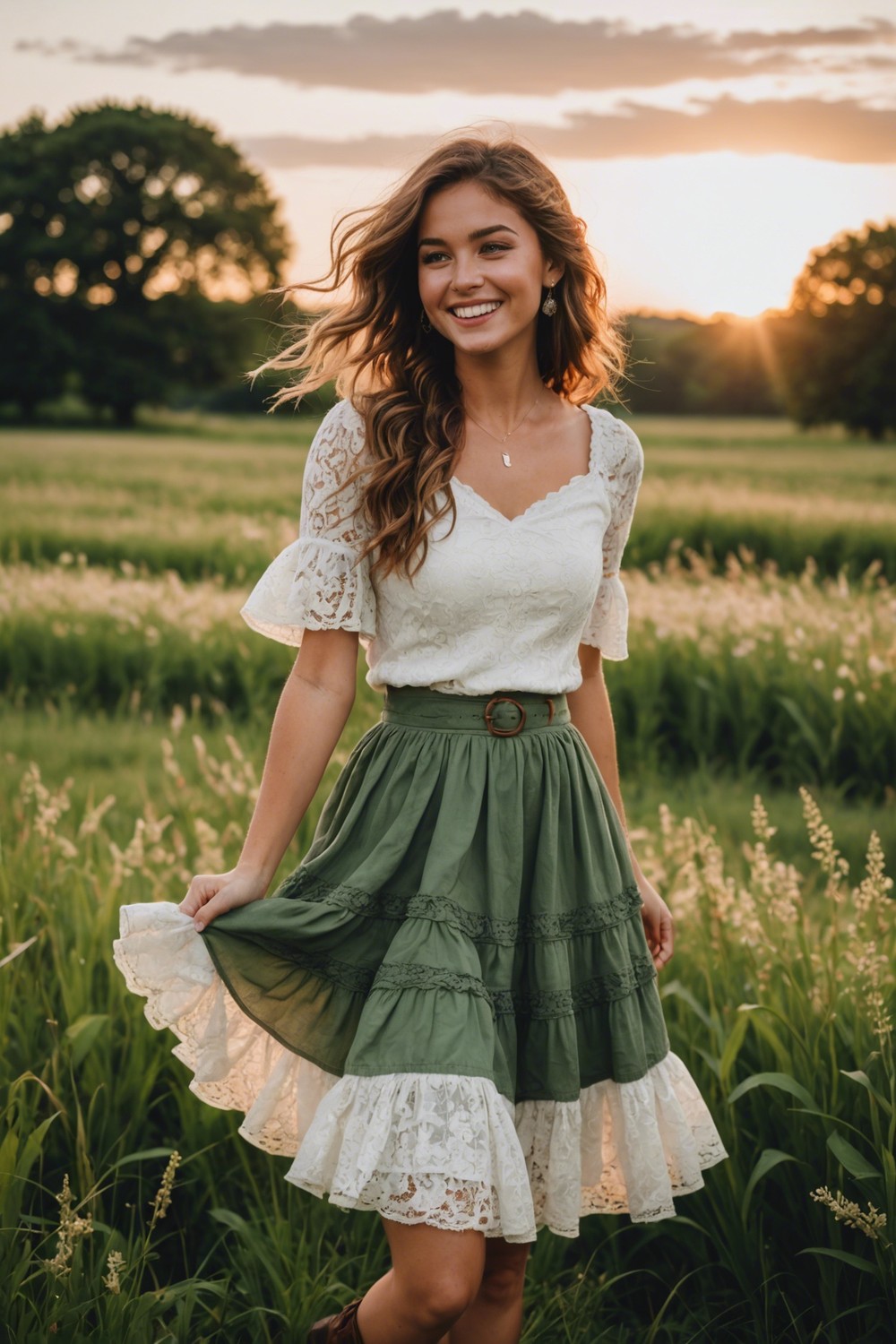 Lace Top with Ruffled Skirt and Ankle Boots