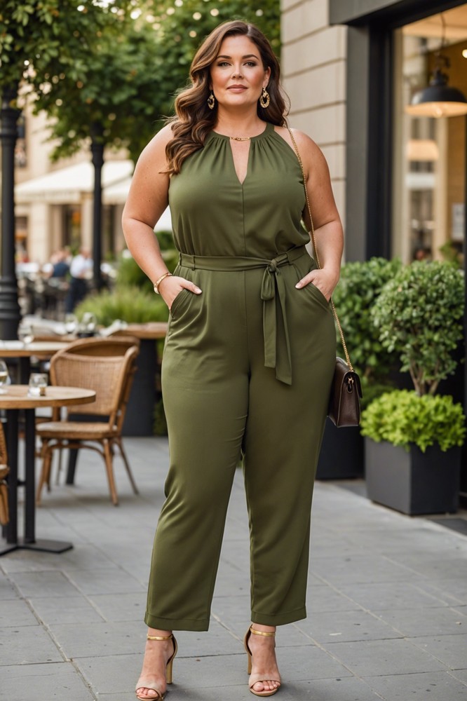 Olive Green Jumpsuit with Ankle Strap Sandals