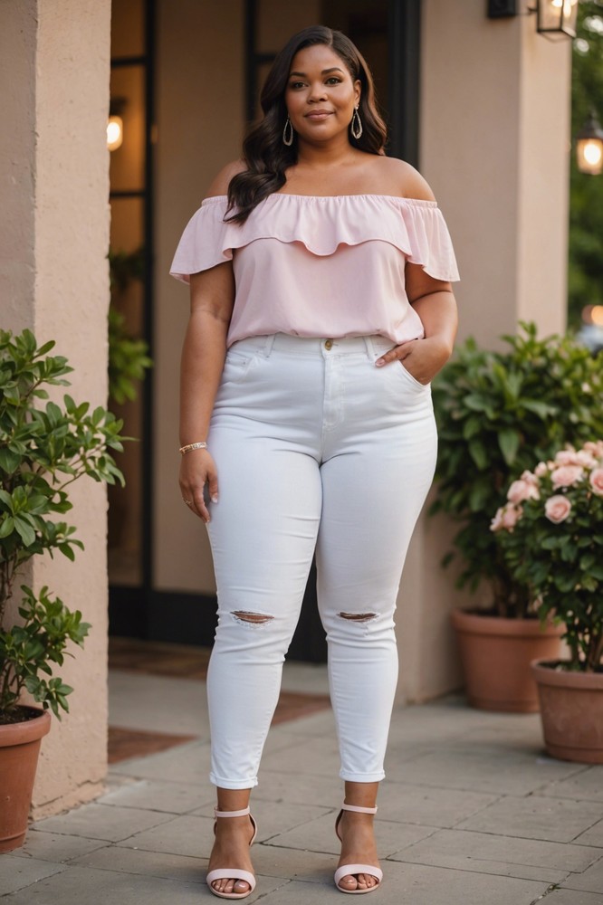 Pastel Pink Off the Shoulder Top with White Jeans