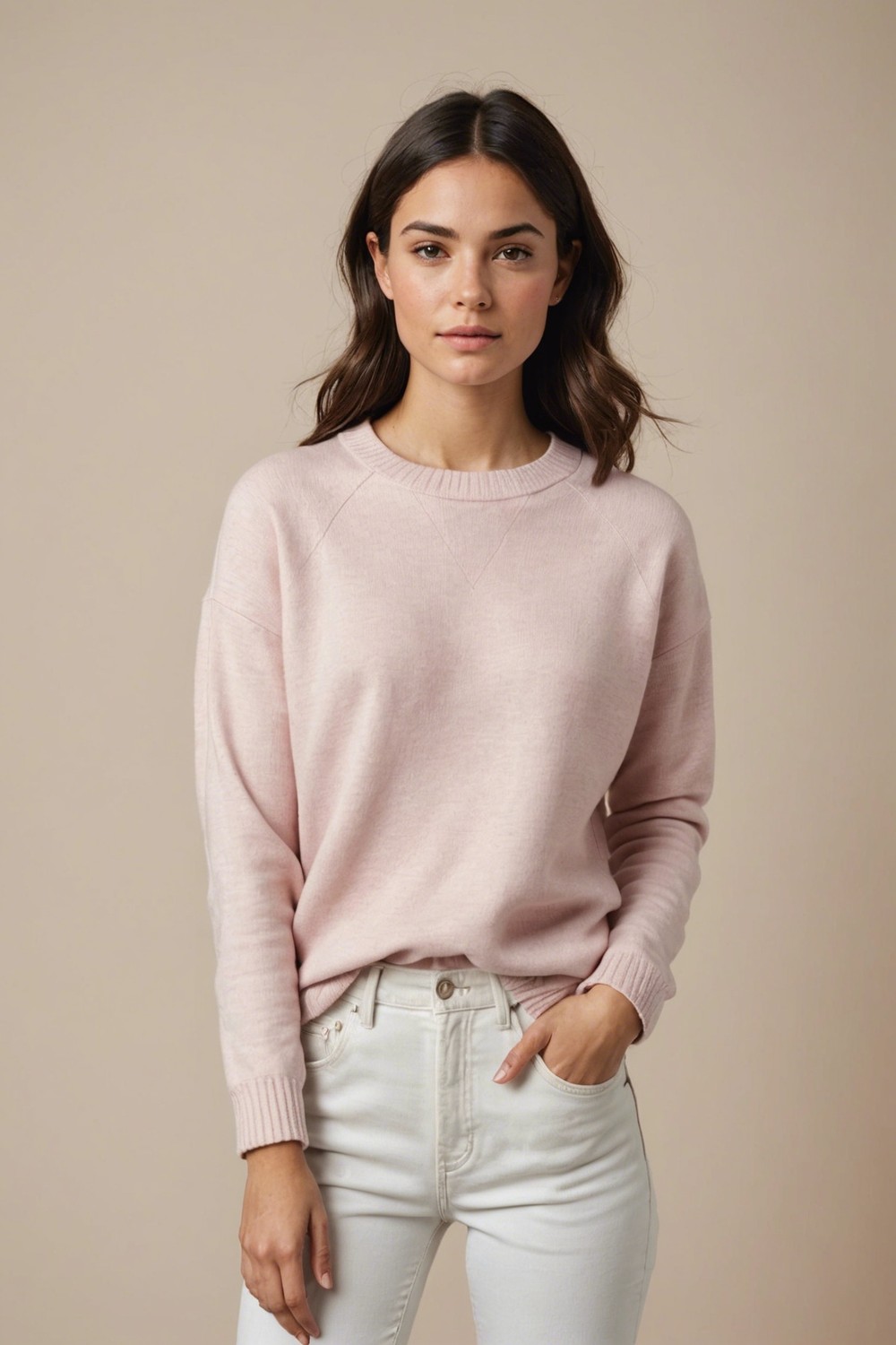 Pastel Pink Sweater with White Jeans