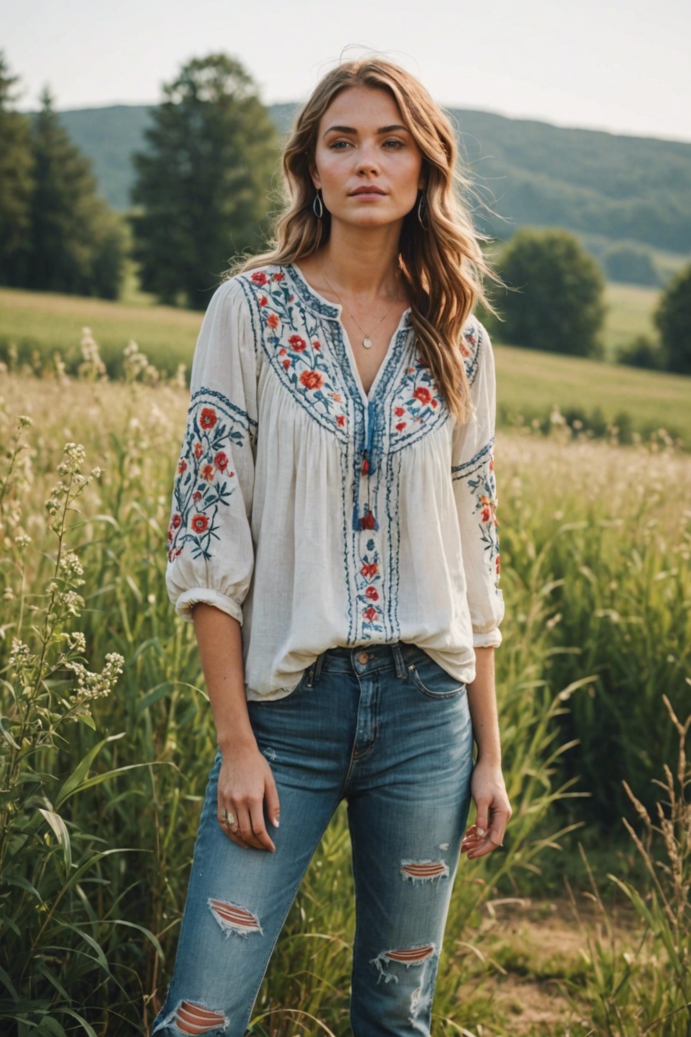 peasant Blouse with Distressed Jeans and Ankle Boots