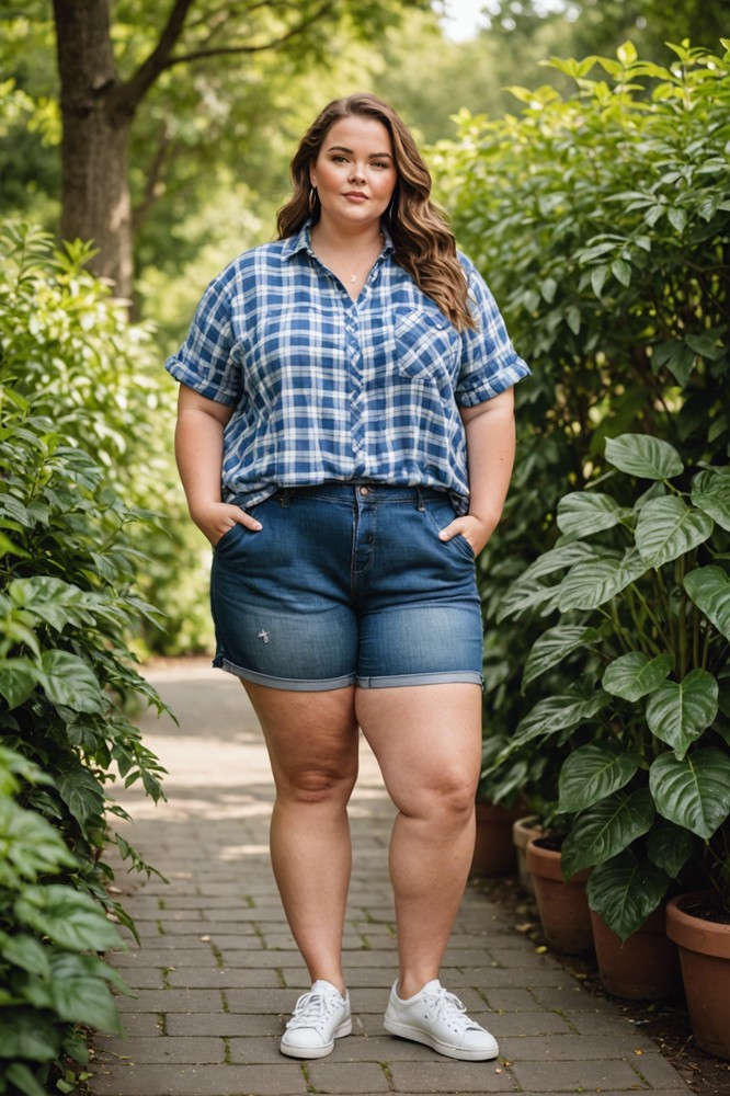 Plaid Shirt with Plus Size Denim Shorts