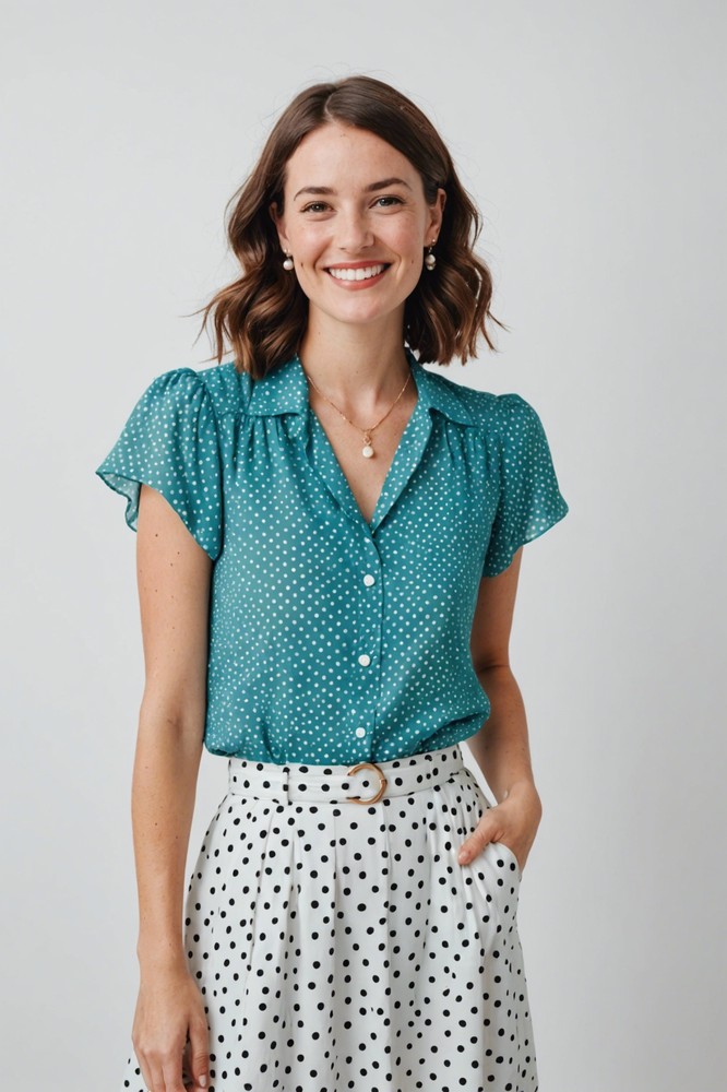 Polka-Dot Blouse with High-Waisted Skirt