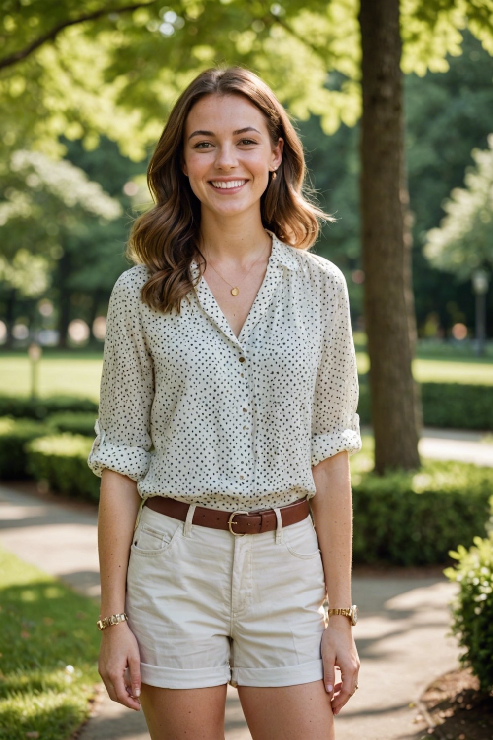 Polka Dot Blouse with Cuffed Shorts and Sandals