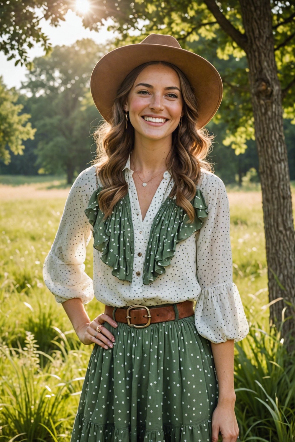 Polka Dot Blouse with Ruffled Skirt and Cowboy Hat