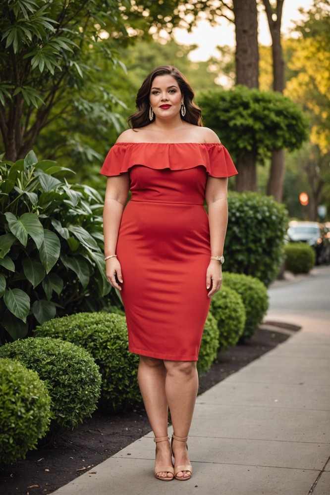 Red Off the Shoulder Dress with Wedges