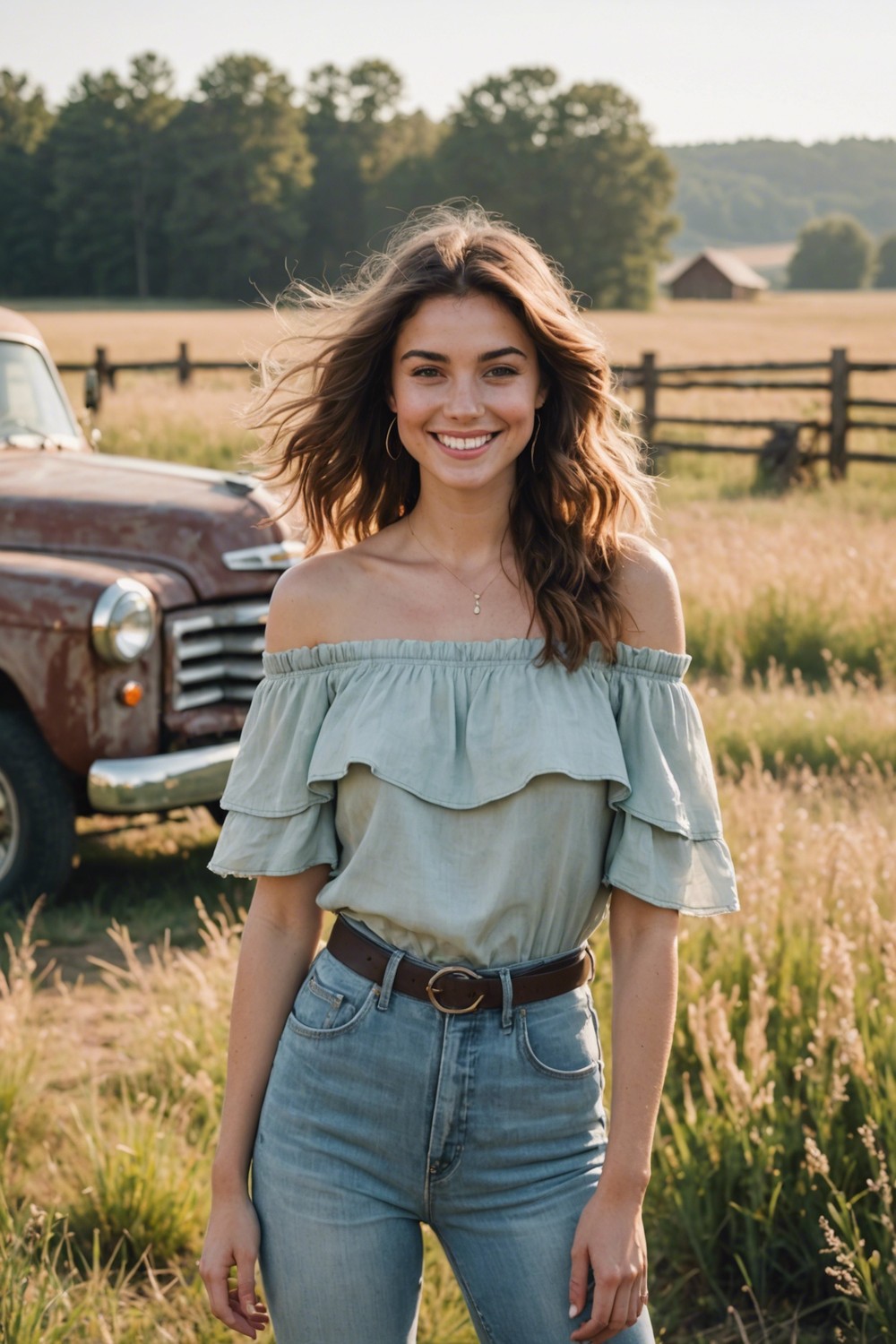 Ruffled Off-the-Shoulder Top with High-Waisted Jeans