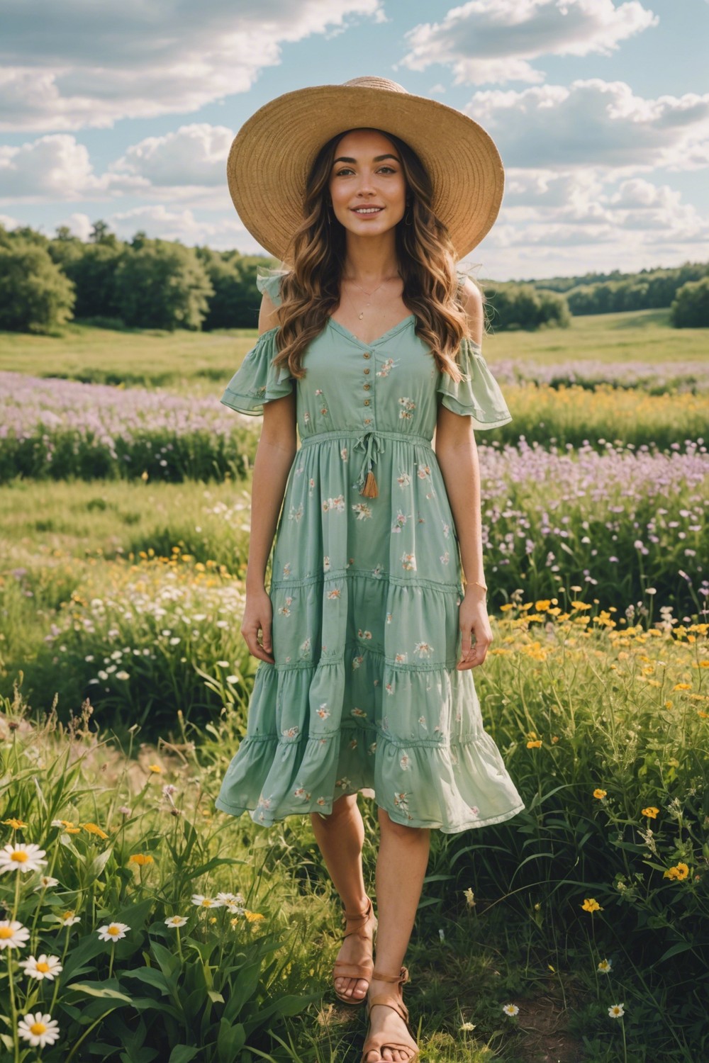 Ruffled Sundress with Sandals and Floppy Sun Hat