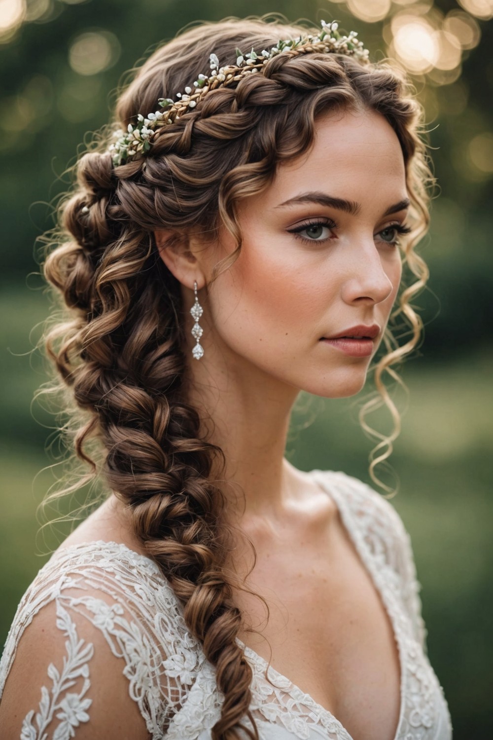 Curly, Braided Crown with a Low Bun