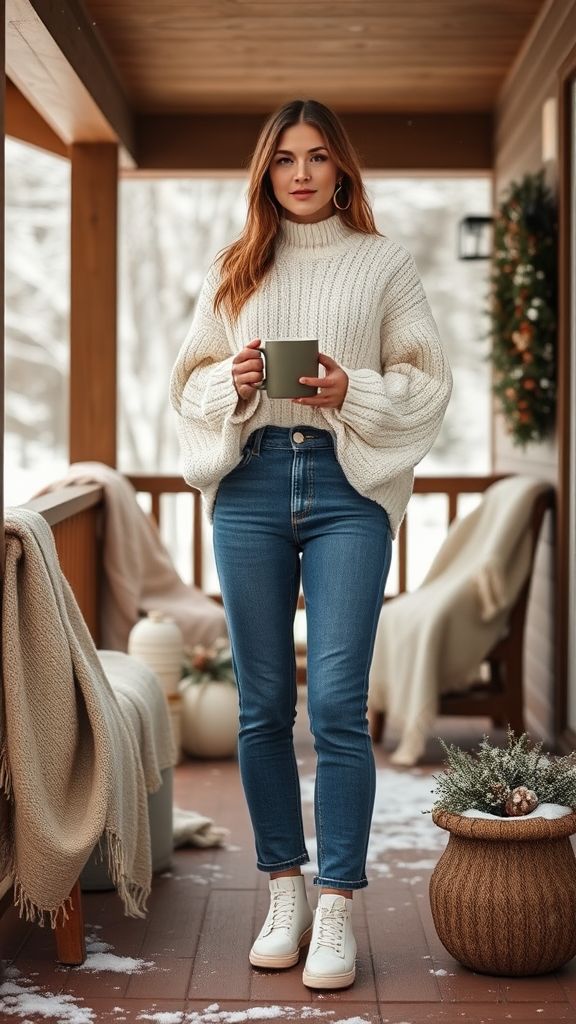 Cozy Knit Sweater with High-Waisted Jeans