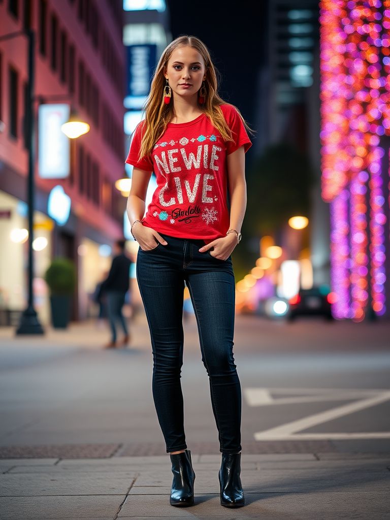 Festive Graphic Tee with Stylish Jeans