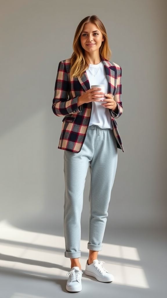 Plaid Blazer with Casual Tee and Joggers