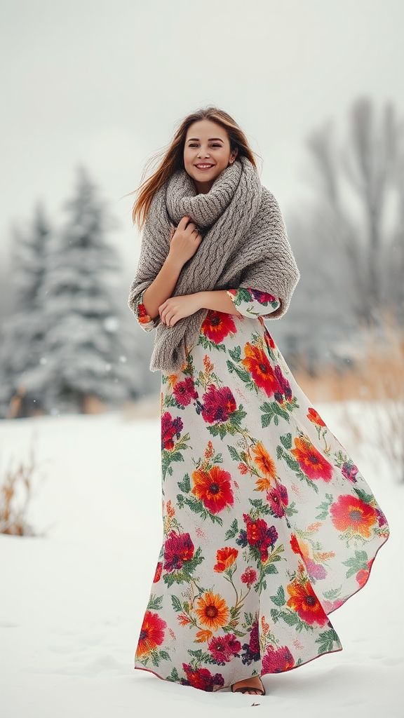 Printed Maxi Dress with a Chunky Knit Scarf