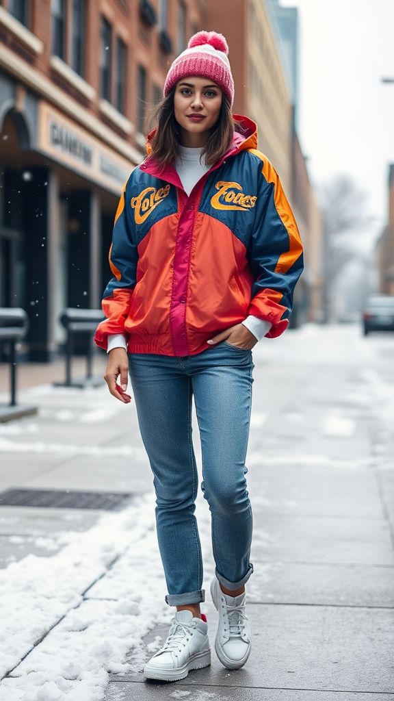 Retro Windbreaker with High-Waisted Mom Jeans