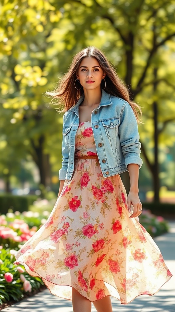 Casual Denim Jacket and Floral Dress