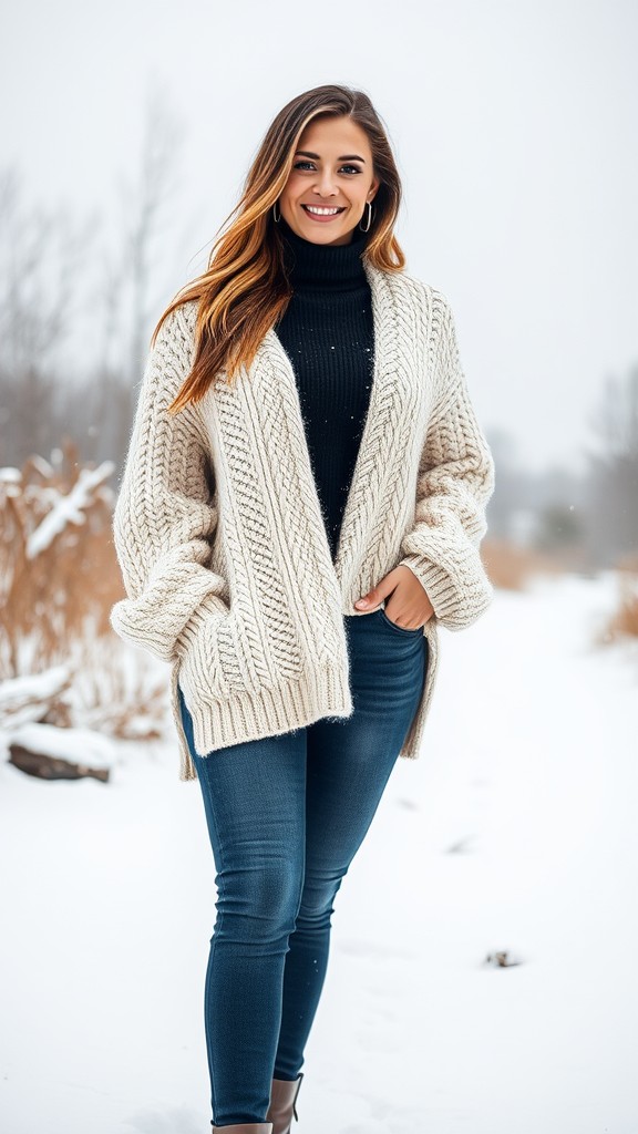 Chunky Knit Sweater Over a Fitted Turtleneck