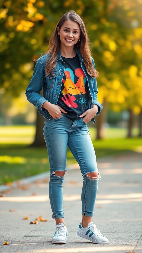 Classic Denim Jacket with Graphic Tee