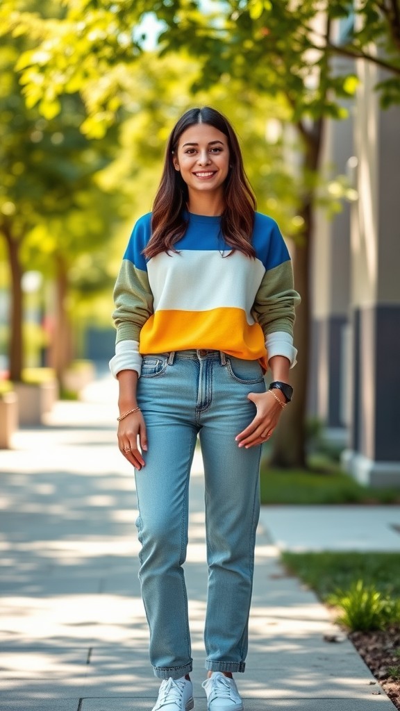 Color-Blocked Pullover and Mom Jeans