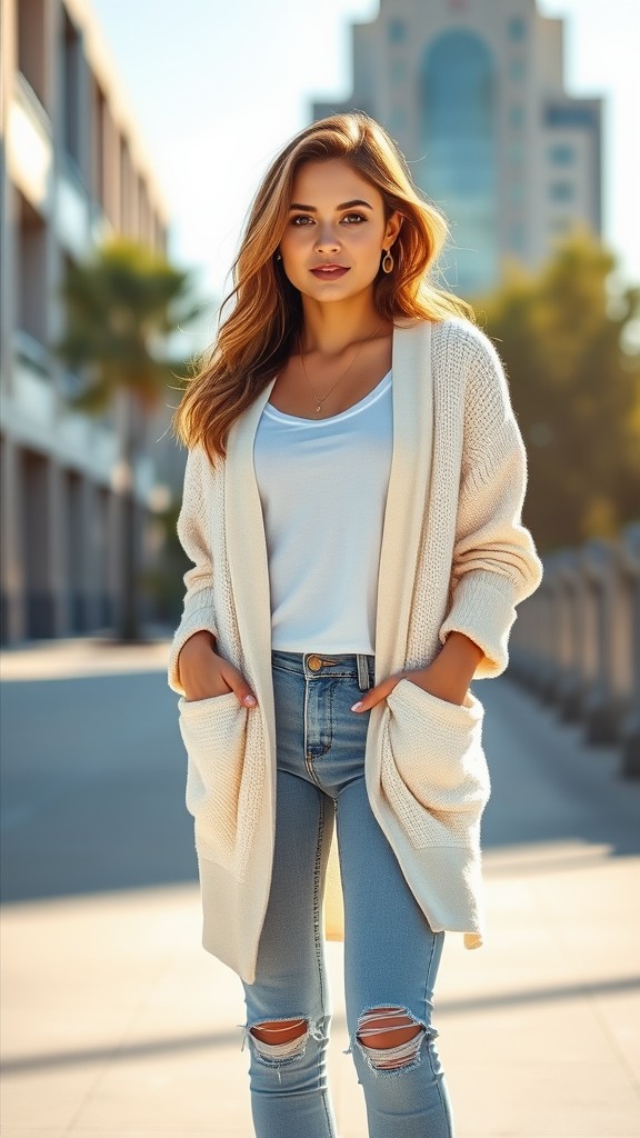 Cozy Cardigan with Ripped Skinny Jeans