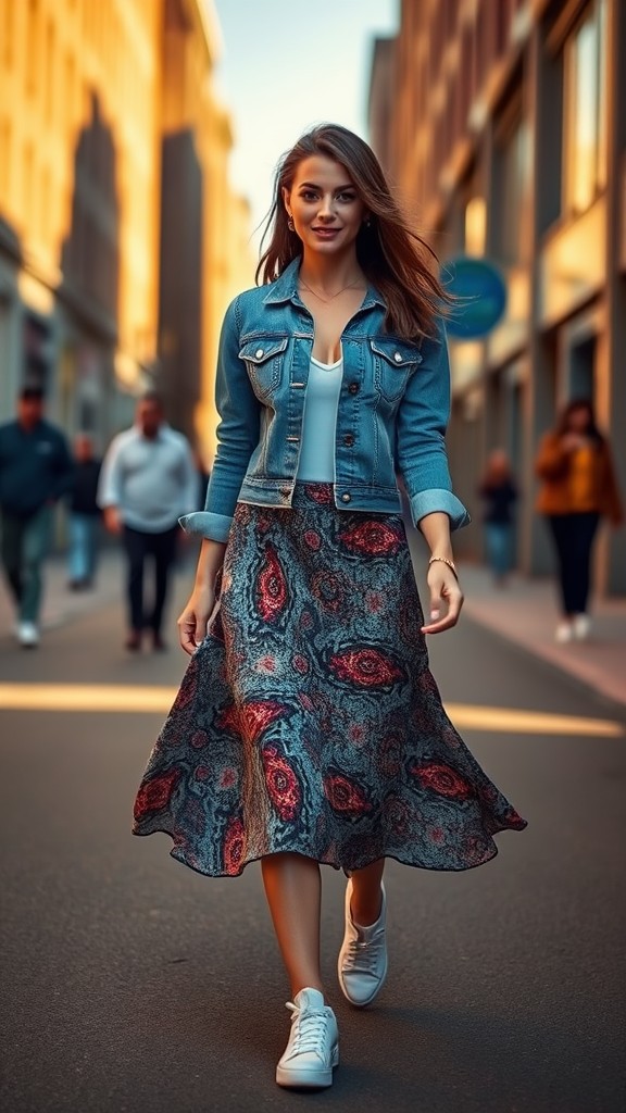 Denim Jacket with Midi Skirt and Sneakers