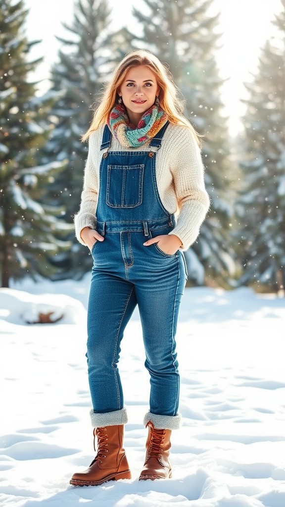 Denim Overalls with a Warm Sweater