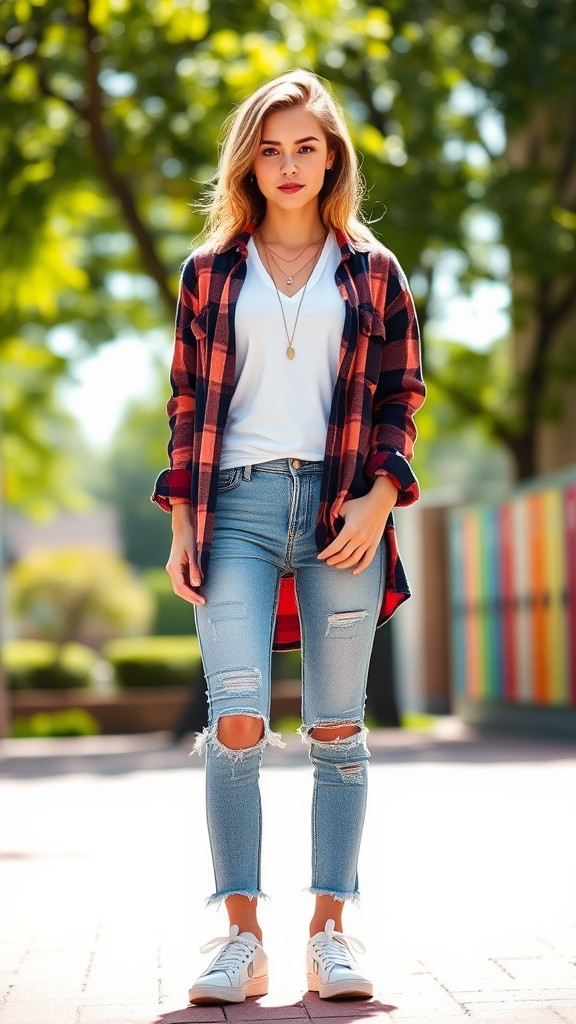 Flannel Shirt with Distressed Jeans