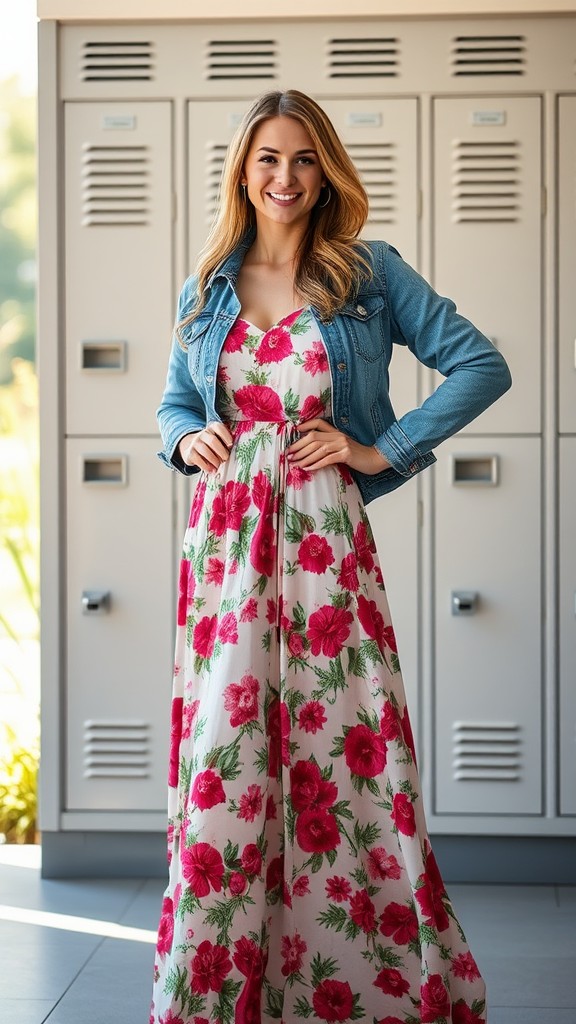 Floral Maxi Dress with Denim Jacket