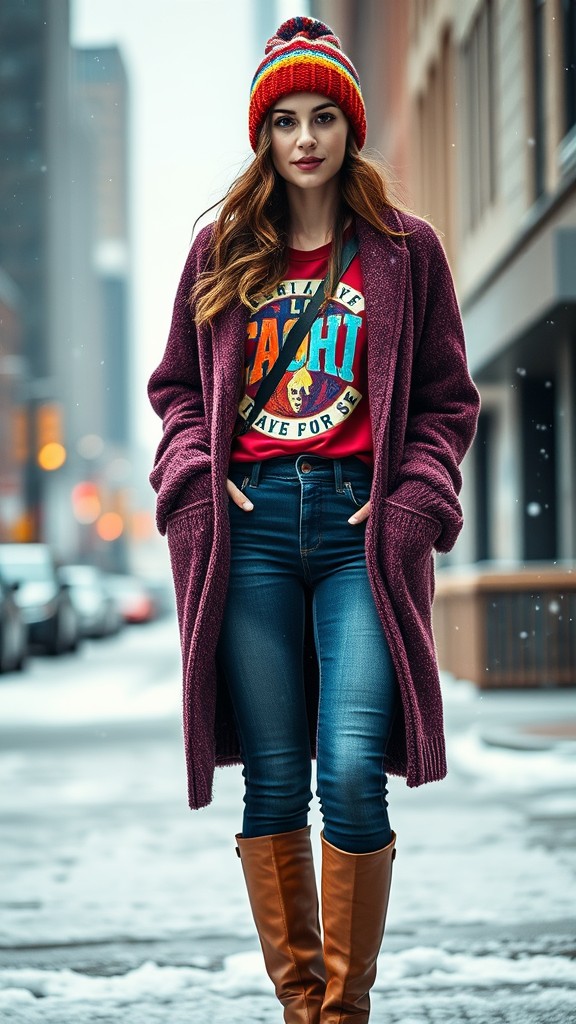 Graphic tee layered with a Cold-Weather Layer