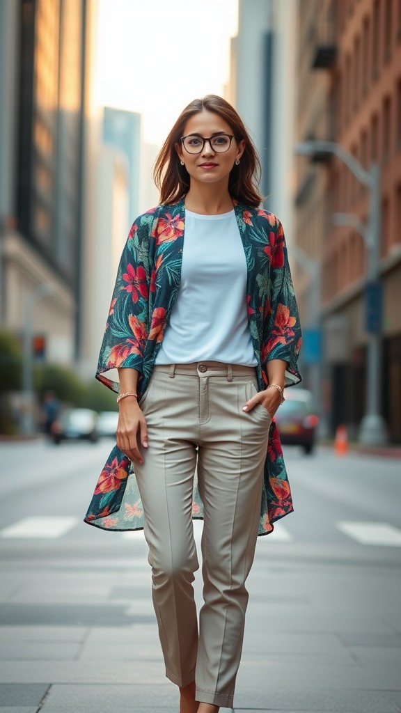 Kimono Jacket over Basic Tee and Slacks