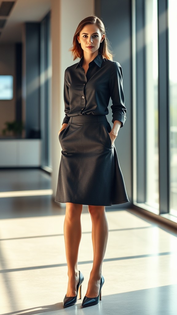 Knee-Length A-Line Skirt with Button-Up Shirt