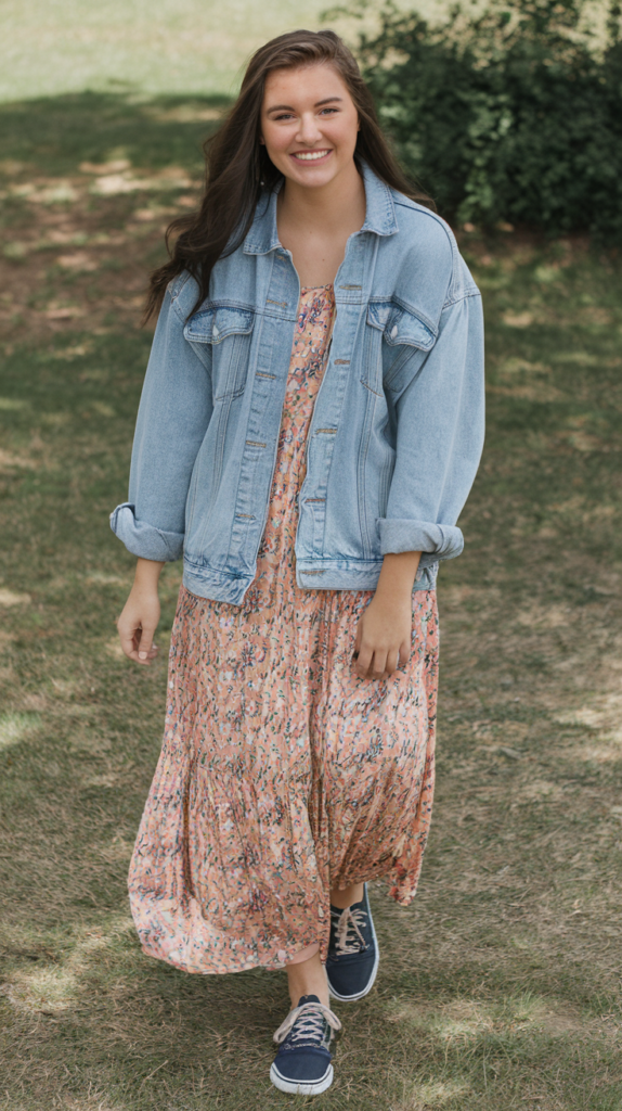 Flowy Maxi Dress with Denim Jacket