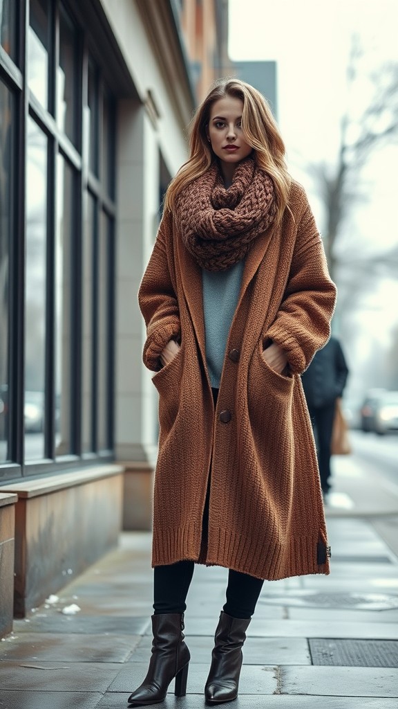 Long Cardigan Paired with a Scarf