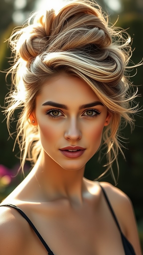 Messy Bun with Blonde Highlights