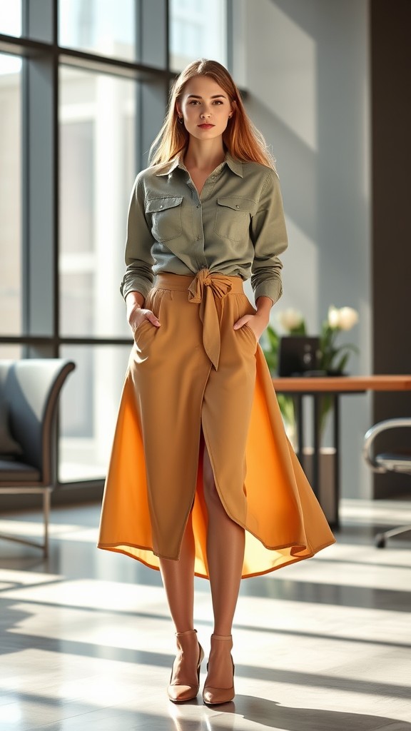 Midi Wrap Skirt with a Utility Shirt