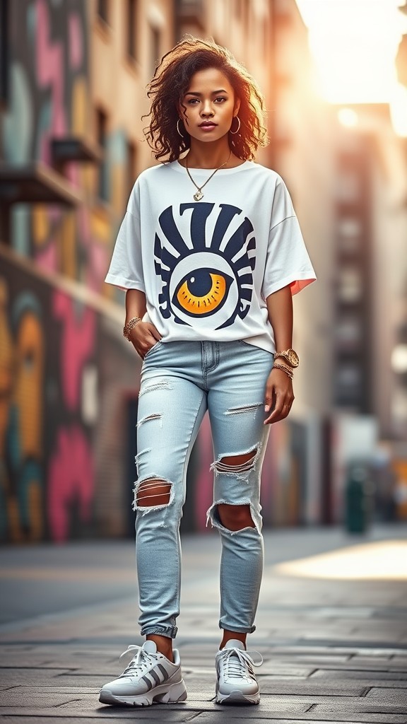 Oversized Graphic Tee with Distressed Jeans