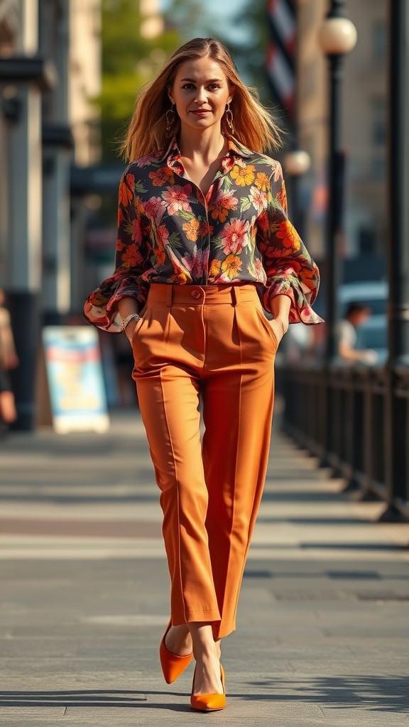 Patterned Blouse with Cropped Trousers