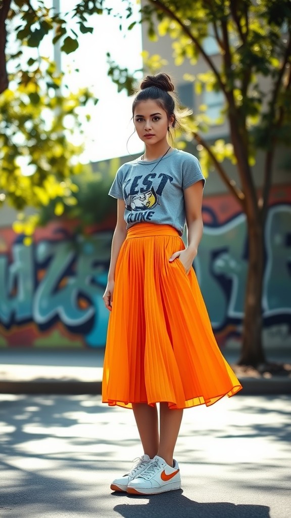 Pleated Skirt with Vintage Band Tee