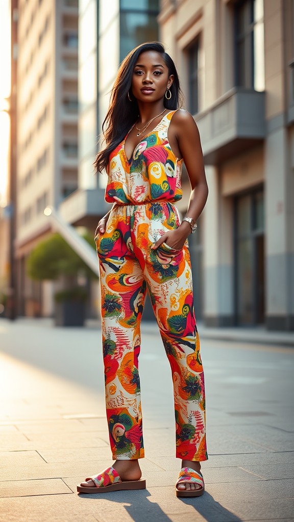 Printed Jumpsuit with Casual Slides