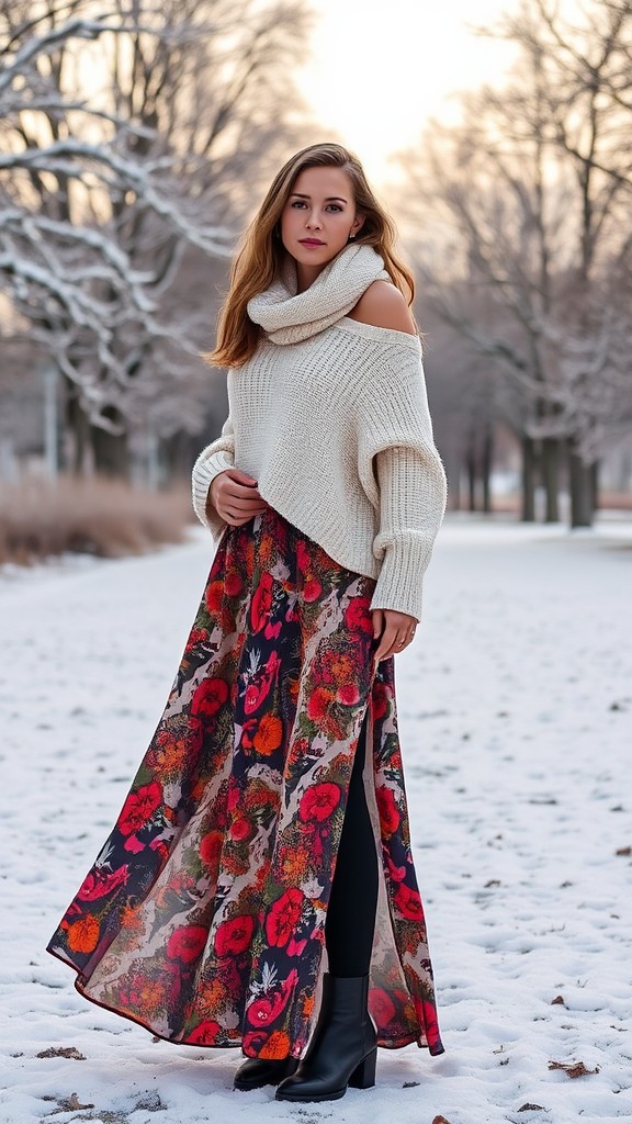 Printed Maxi Dress with a Sweater and Leggings