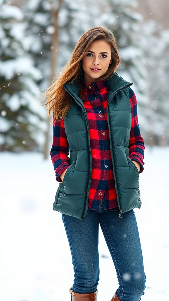 Puffer Vest Over a Layered Flannel Shirt