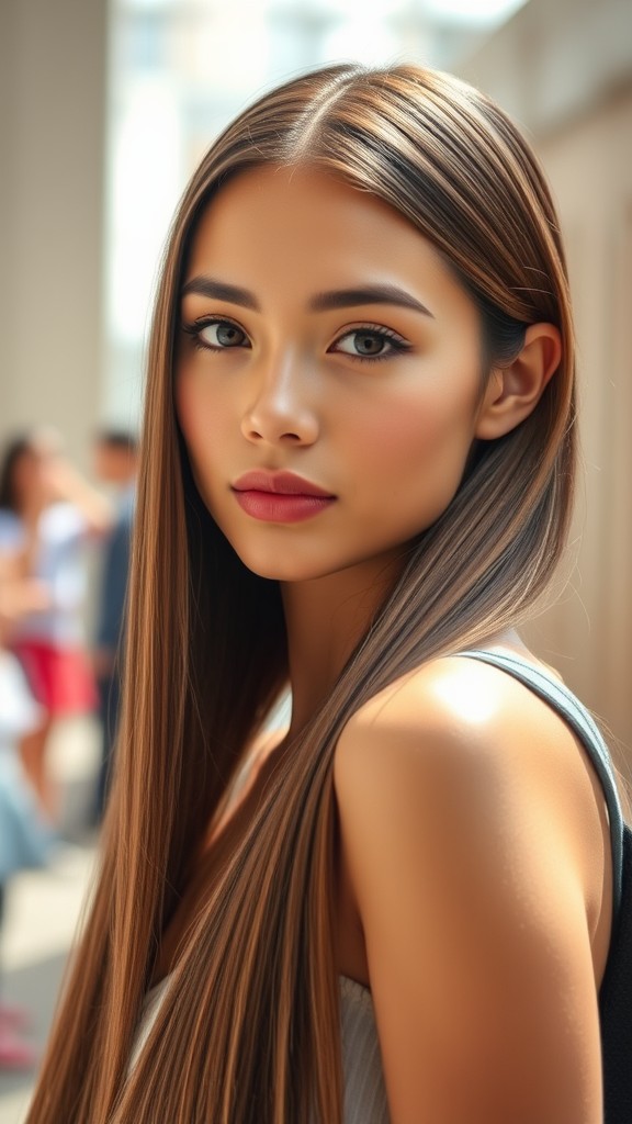 Sleek Straight Hair with a Center Part