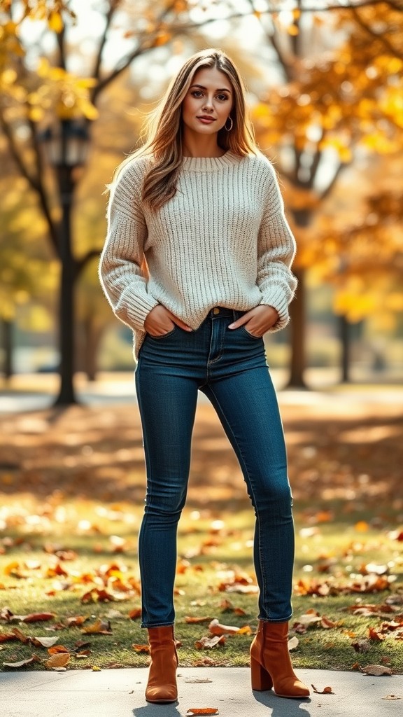 Soft Knit Sweater with High-Waisted Jeans