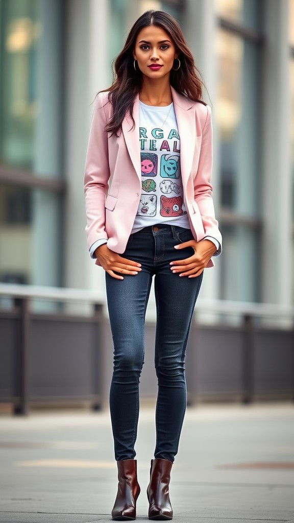 Tailored Blazer with a Graphic Tee and Skinny Jeans